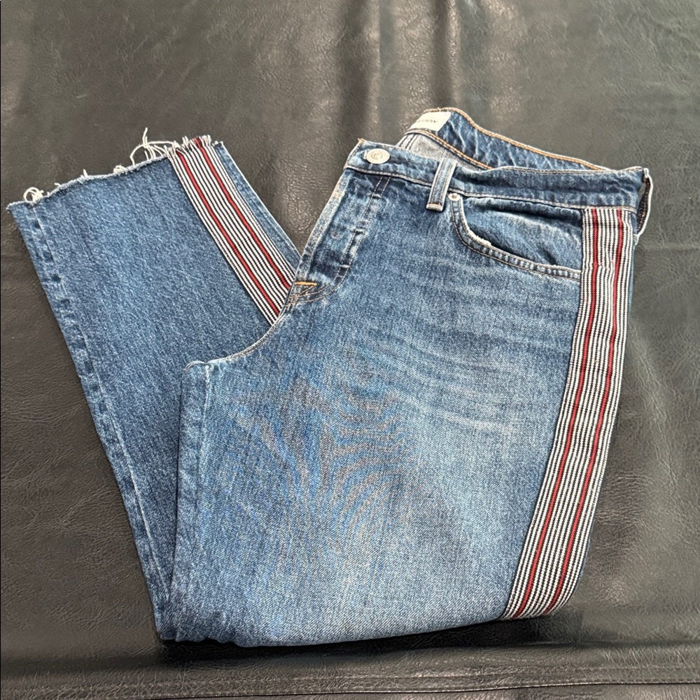 Hudson Jeans Classic Blue Denim with red white and black tuxedo stripe.